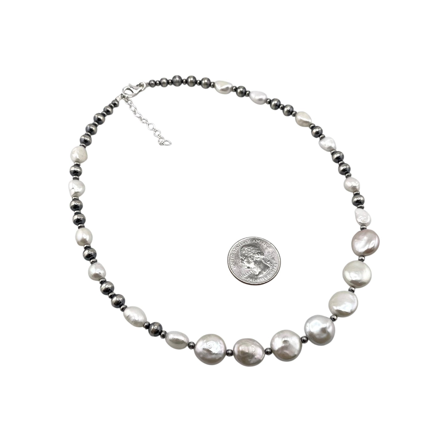 Desert Pearls & White Pearls Coin Bead Necklace Sterling Silver