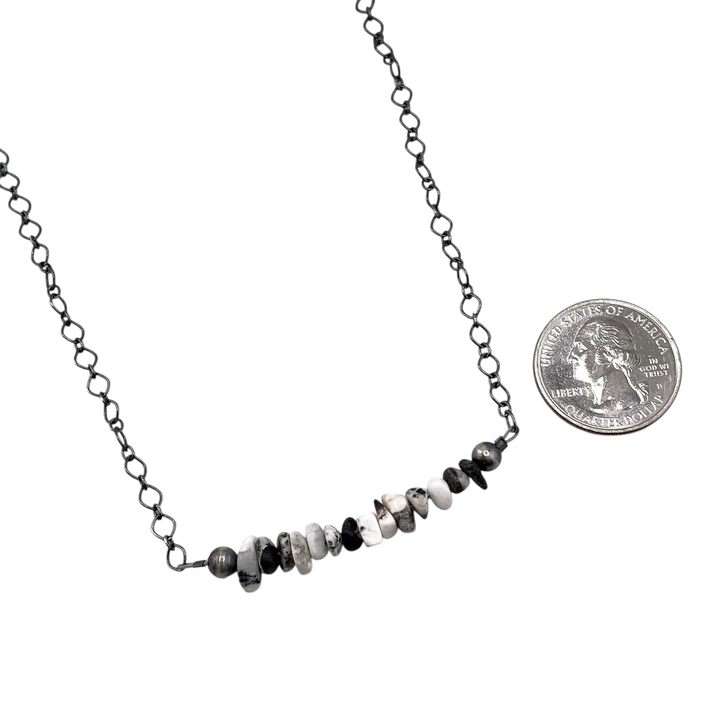 Desert Pearls & White Buffalo Bead Chain Bar Choker Necklace Silver
