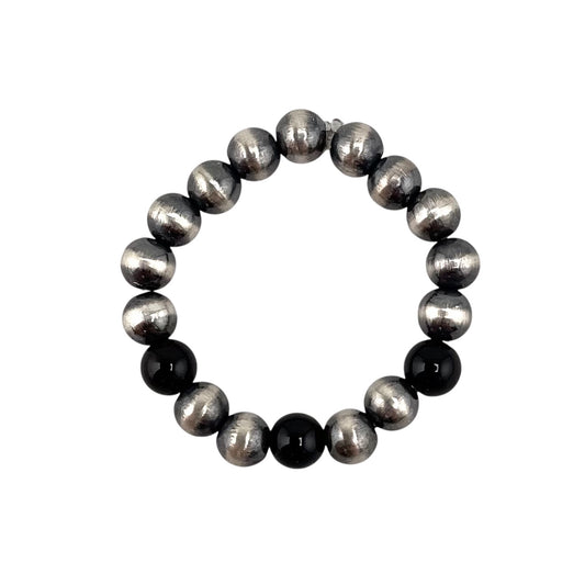Onyx Desert Pearl 3 Bead 4mm Stretch Ring Sterling Silver