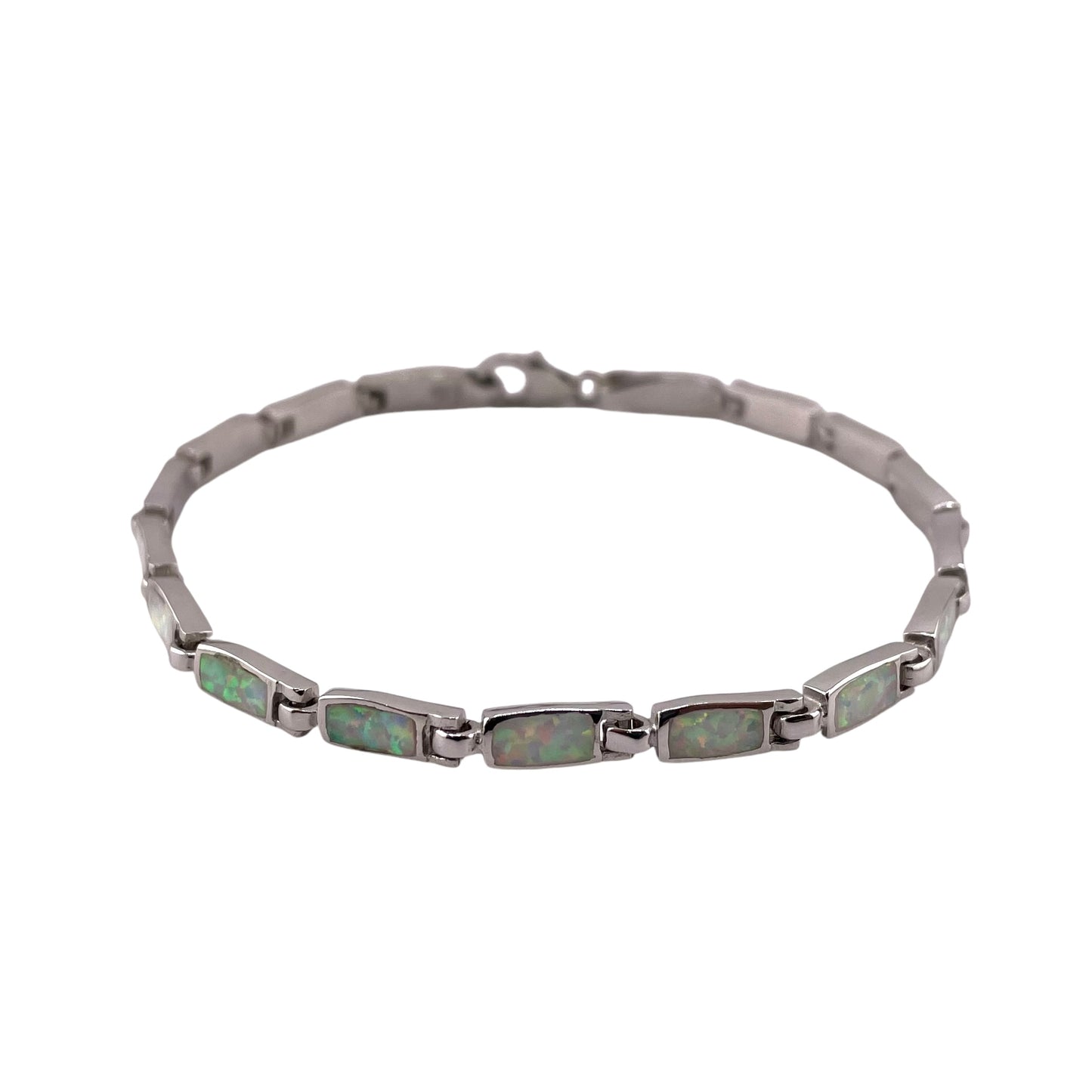 White Lab Opal 4mm Rectangle Link Bracelet Sterling Silver