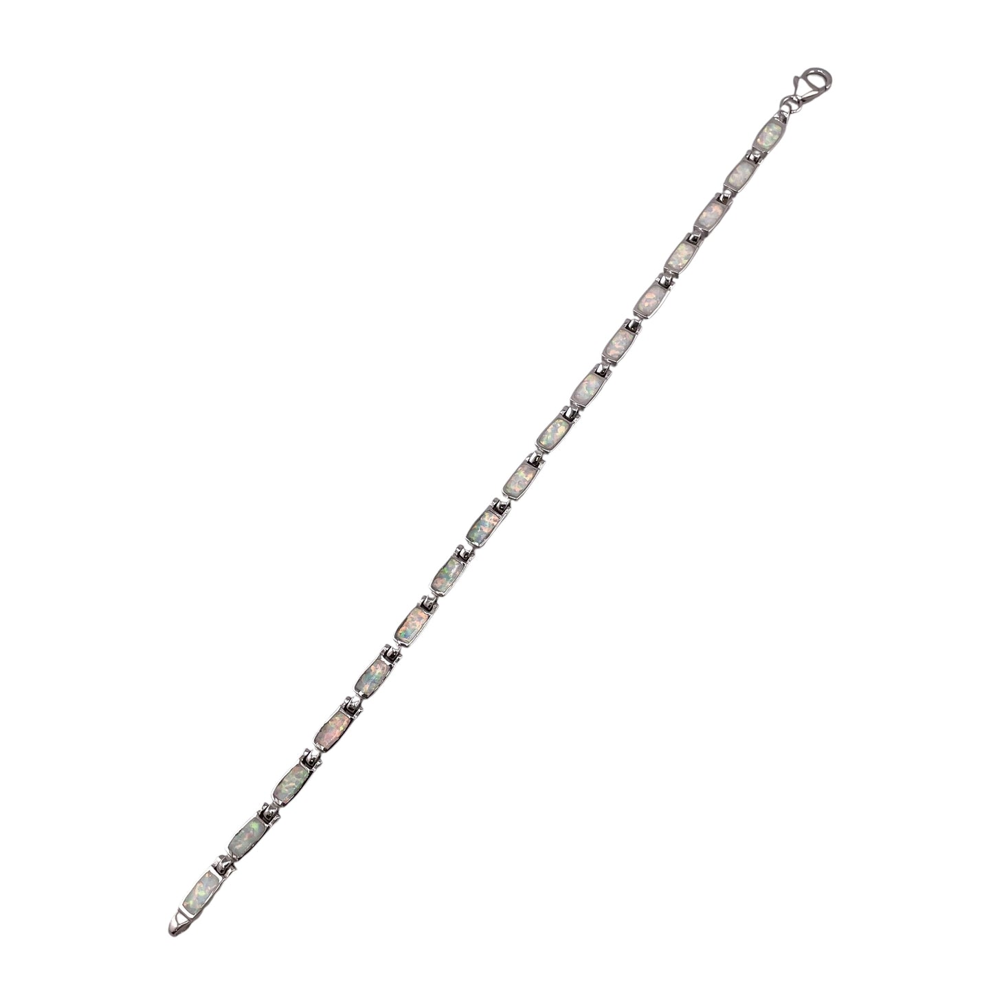 White Lab Opal 4mm Rectangle Link Bracelet Sterling Silver