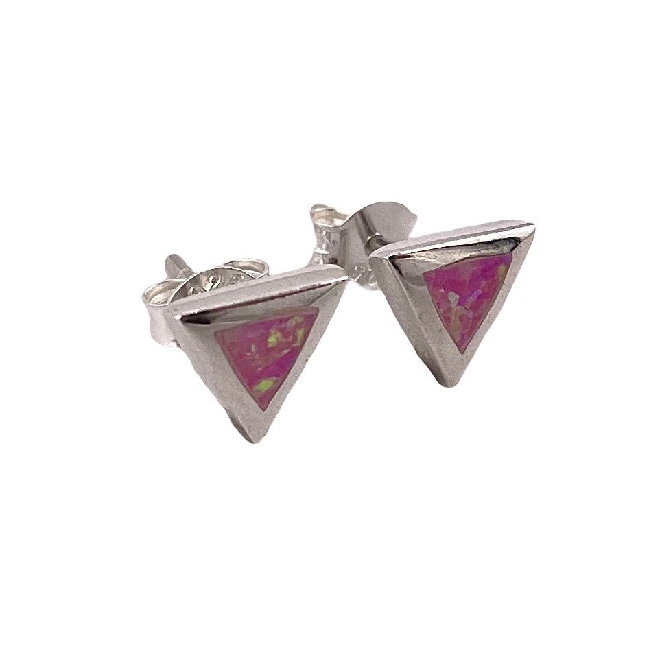 Pink Lab Opal 7mm Triangle Stud Earrings Sterling Silver