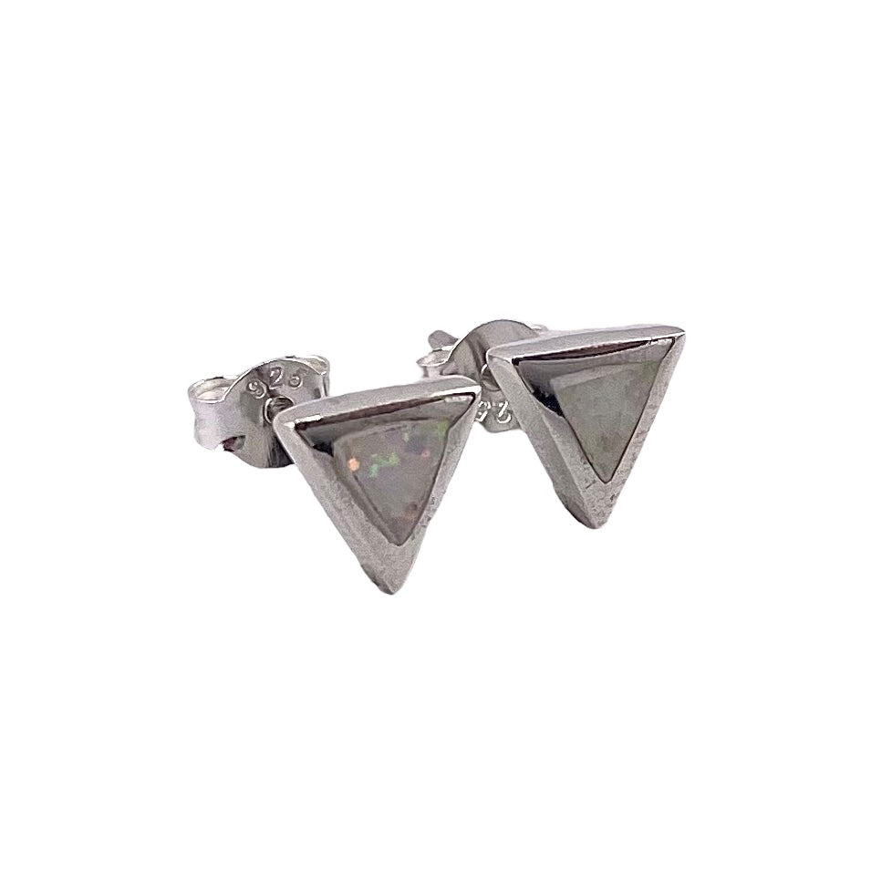 White Lab Opal 7mm Triangle Stud Earrings Sterling Silver
