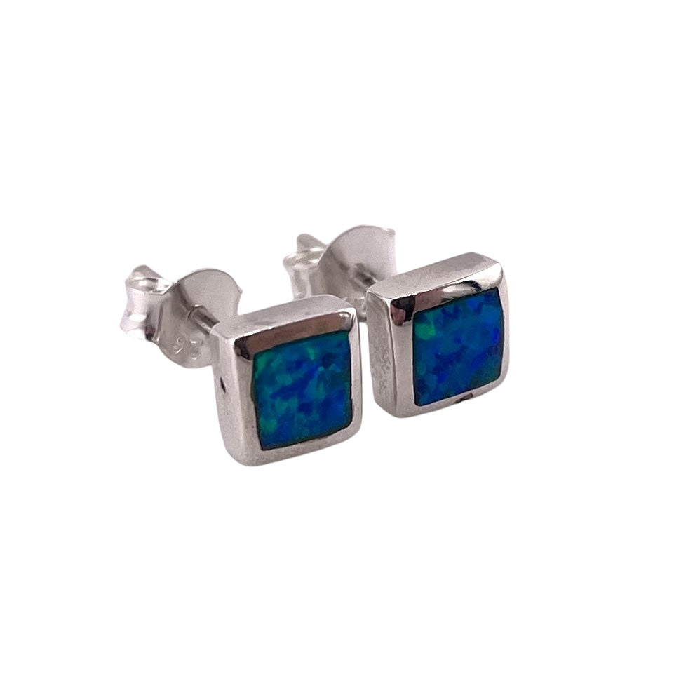 Blue Lab Opal 6mm Square Stud Earrings Sterling Silver