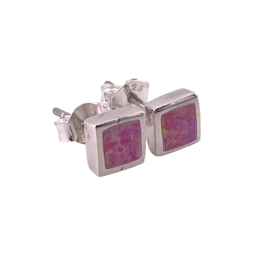 Pink Lab Opal 7mm Square Stud Earrings Sterling Silver