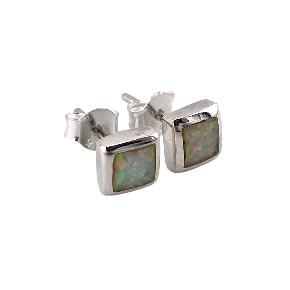 White Lab Opal 6mm Square Stud Earrings Sterling Silver