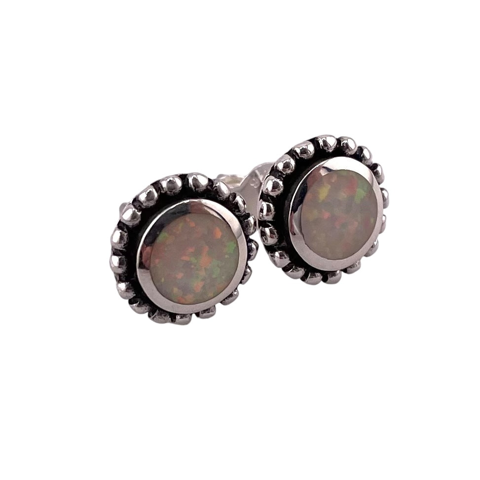 White Lab Opal 10mm Dotted Round Stud Earrings Sterling Silver