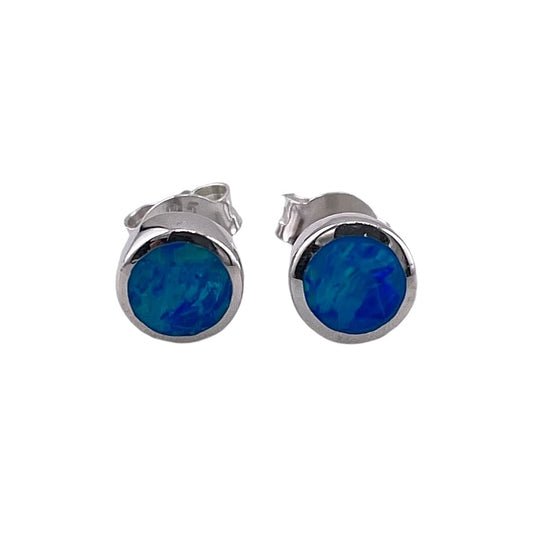 Blue Lab Opal 6mm Round Stud Earrings Sterling Silver