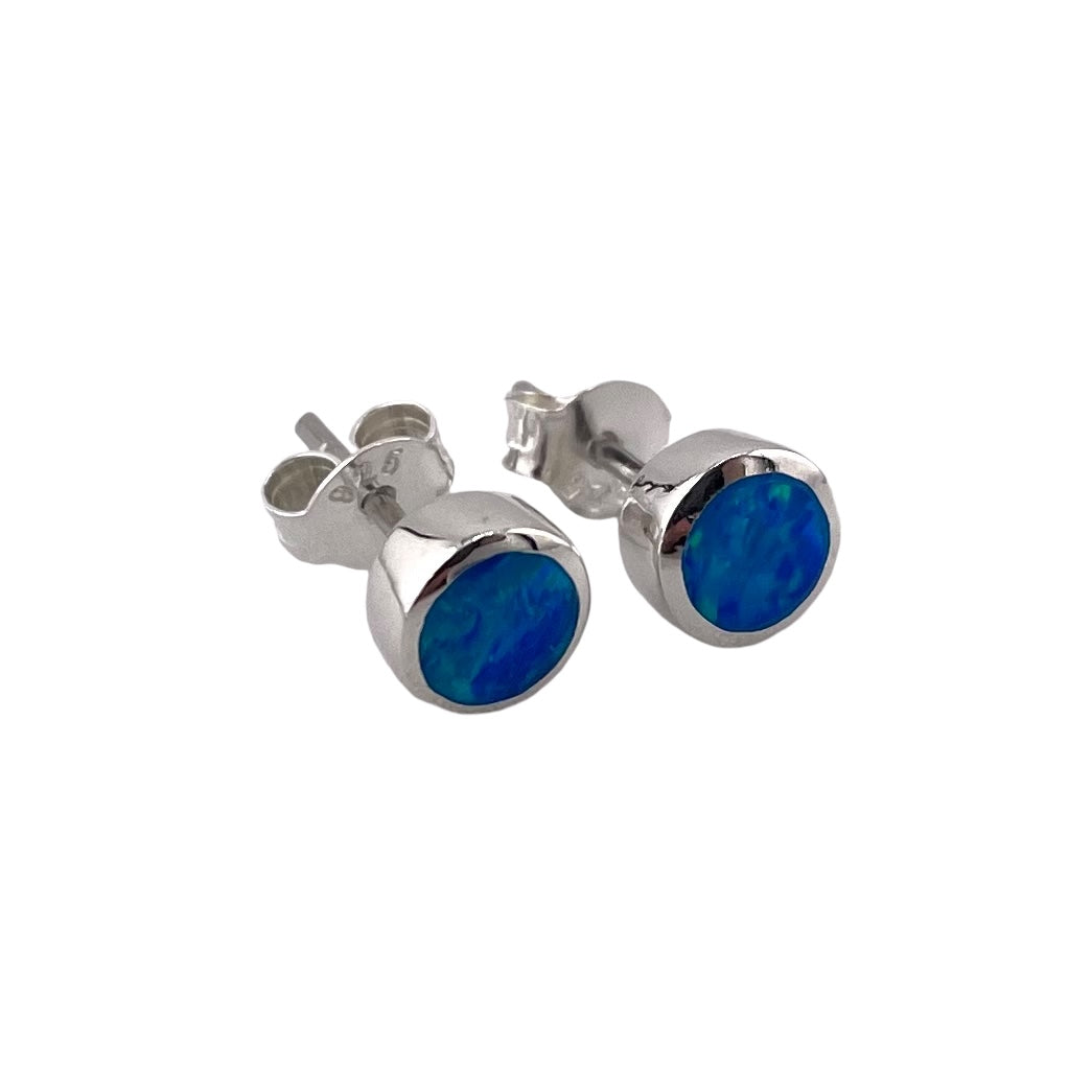 Blue Lab Opal 6mm Round Stud Earrings Sterling Silver