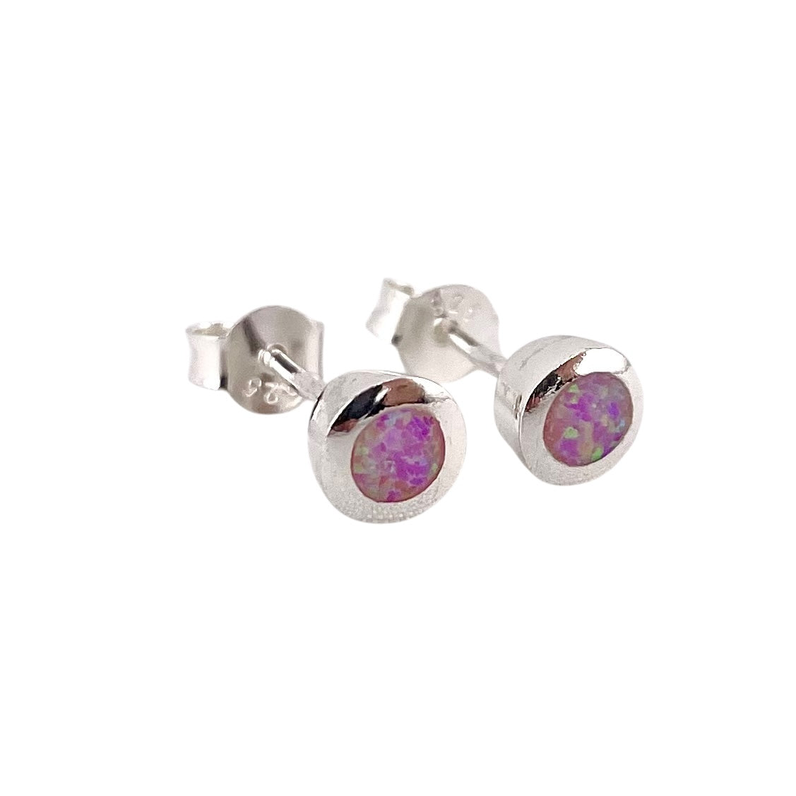Pink Lab Opal 6mm Round Stud Earrings Sterling Silver