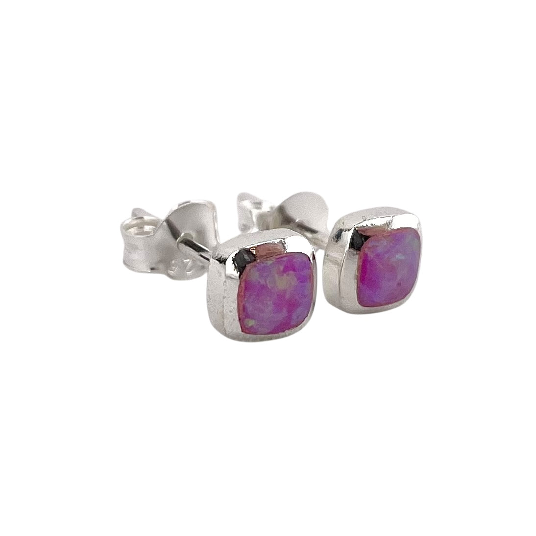 Pink Lab Opal 6mm Square Stud Earrings Sterling Silver