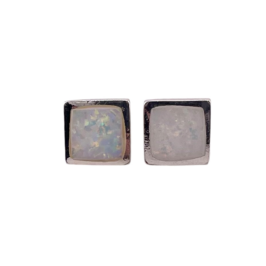 White Lab Opal 8mm Square Stud Earrings Sterling Silver