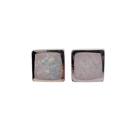 White Lab Opal 7mm Square Stud Earrings Sterling Silver
