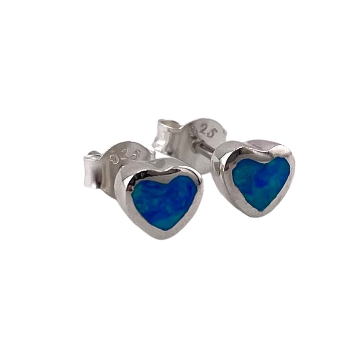 Blue Lab Opal Heart Stud Earrings Sterling Silver