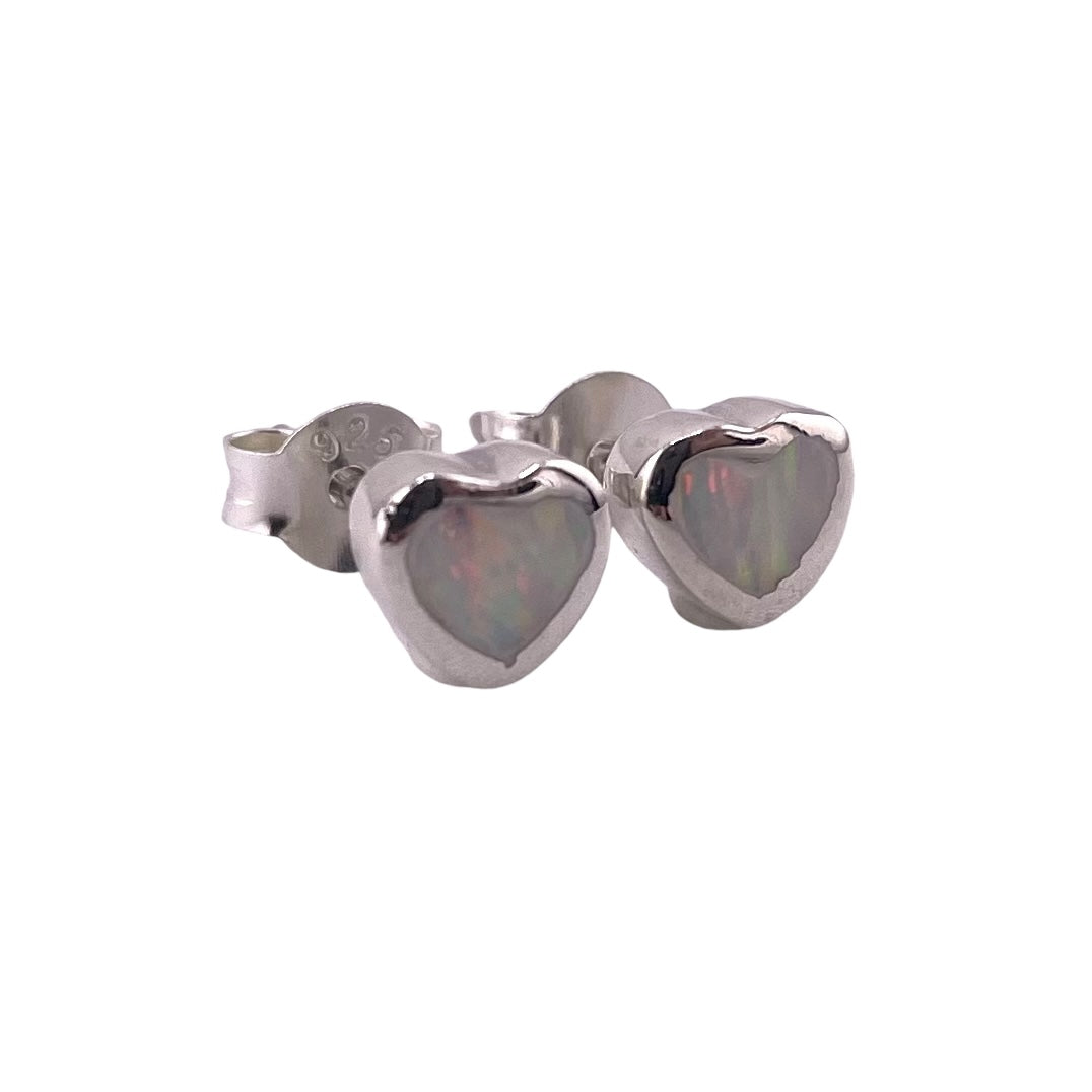 White Lab Opal Heart Stud Earrings Sterling Silver