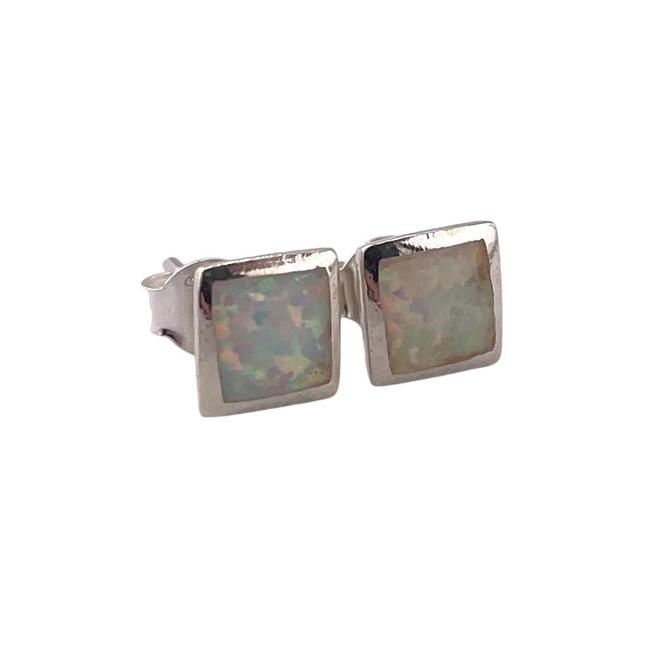 White Lab Opal 6mm Square Stud Earrings Sterling Silver
