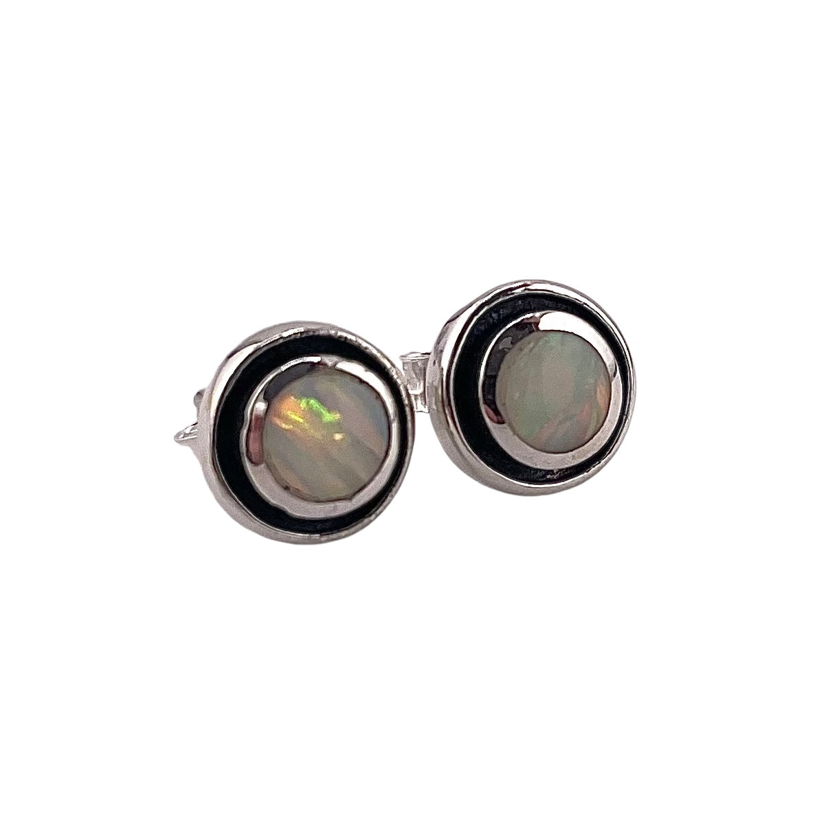 White Lab Opal Round Stud Earrings Sterling Silver