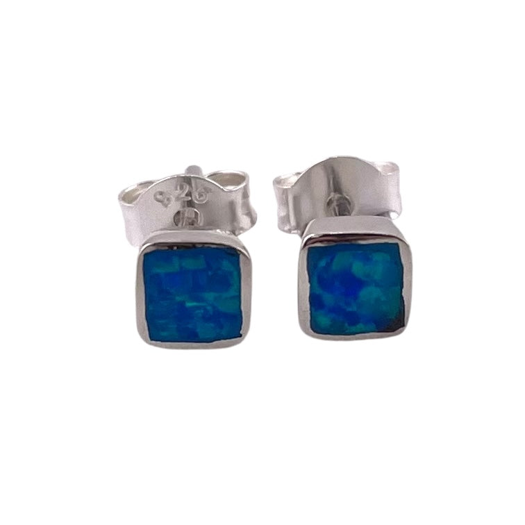 Blue Lab Opal 5mm Square Stud Earrings Sterling Silver