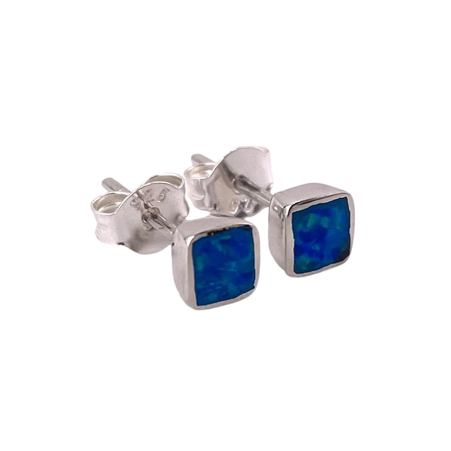 Blue Lab Opal 5mm Square Stud Earrings Sterling Silver