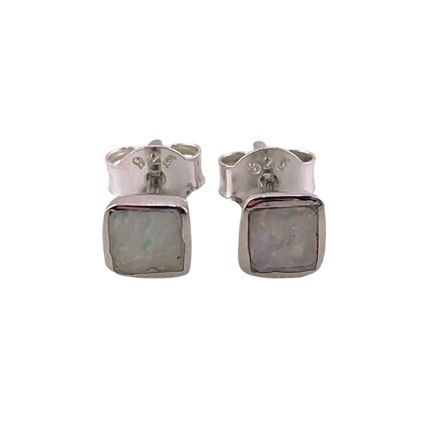 White Lab Opal 5mm Square Stud Earrings Sterling Silver