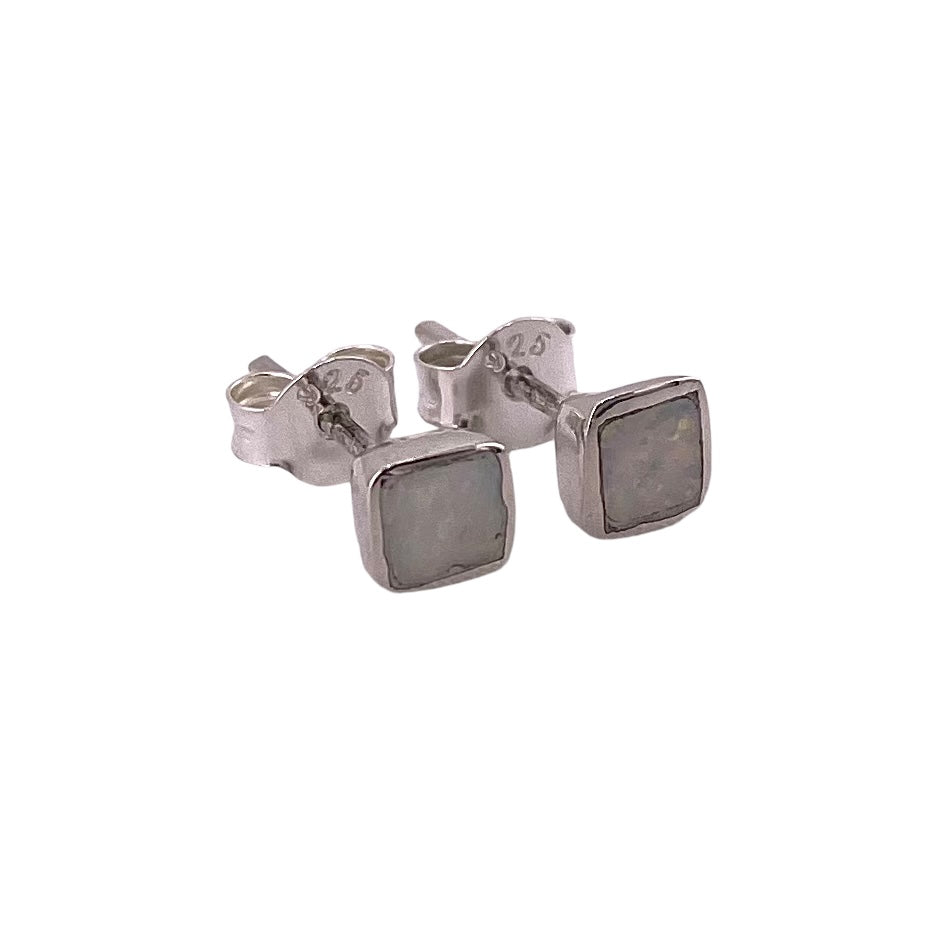 White Lab Opal 5mm Square Stud Earrings Sterling Silver