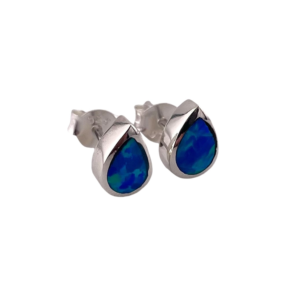 Blue Lab Opal Tear Drop Stud Earrings Sterling Silver