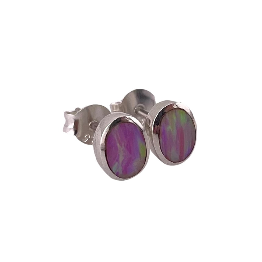 Pink Lab Opal 7mm Oval Stud Earrings Sterling Silver