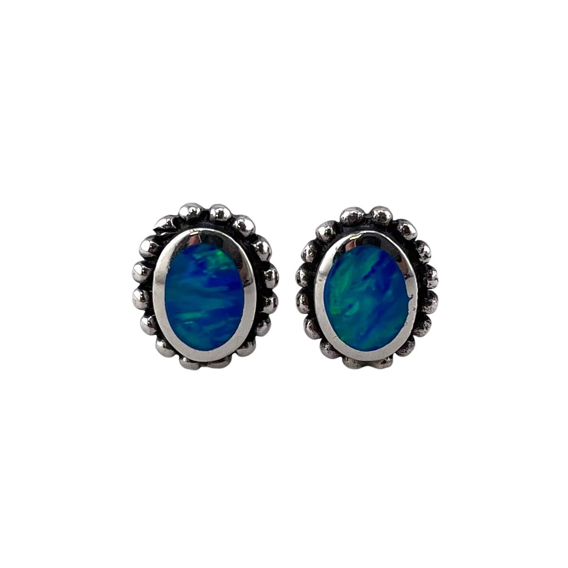 Blue Lab Opal Dotted Oval Stud Earrings Sterling Silver