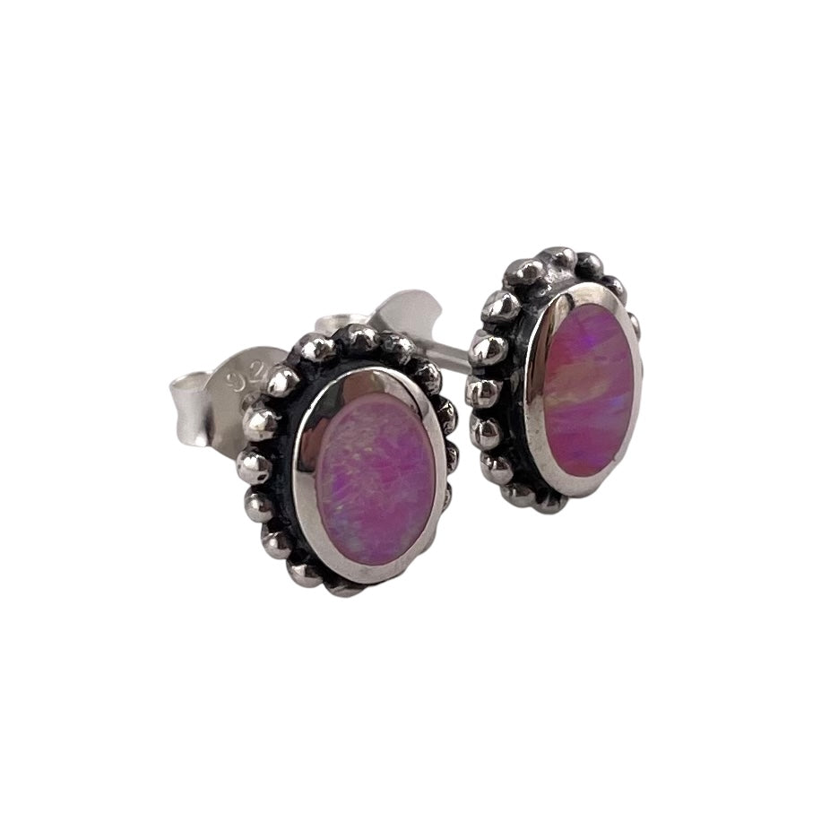 Pink Lab Opal Dotted Oval Stud Earrings Sterling Silver