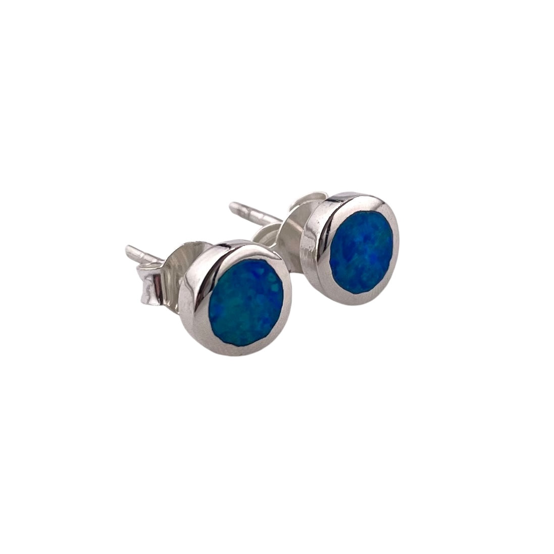 Blue Lab Opal Round Stud Earrings Sterling Silver