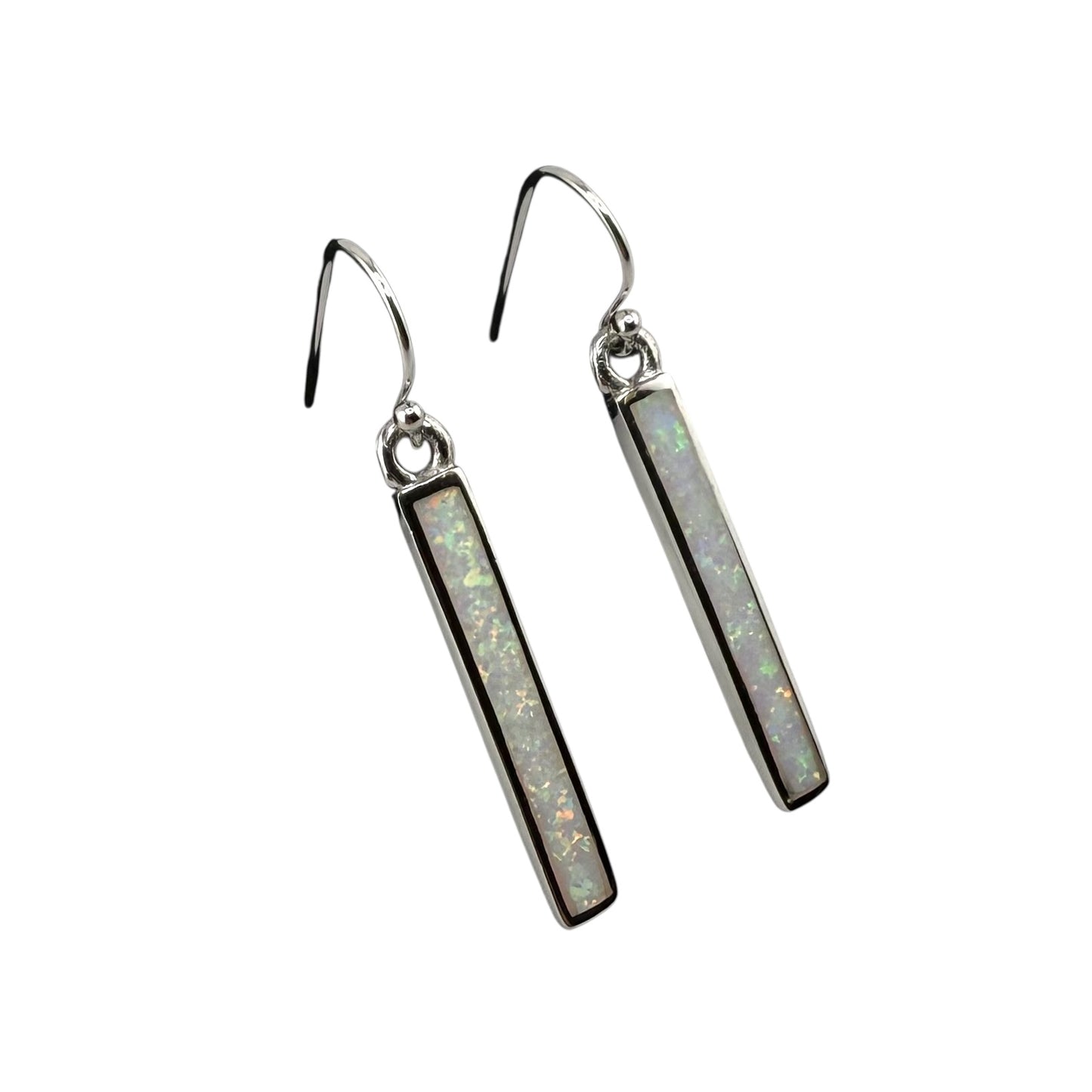 White Lab Opal Rectangle Dangle Earrings Sterling Silver