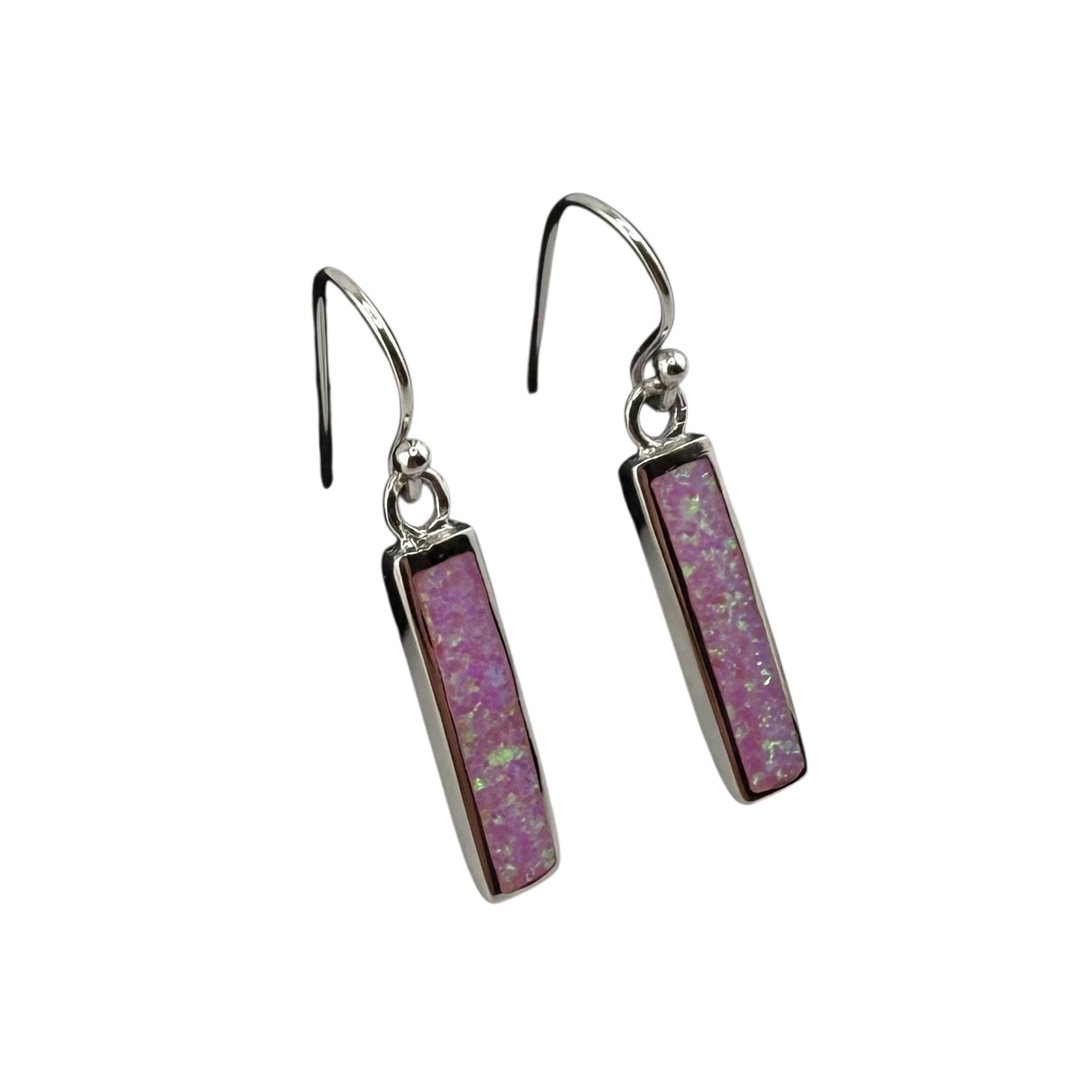 Pink Lab Opal Rectangle Dangle Earrings Sterling Silver