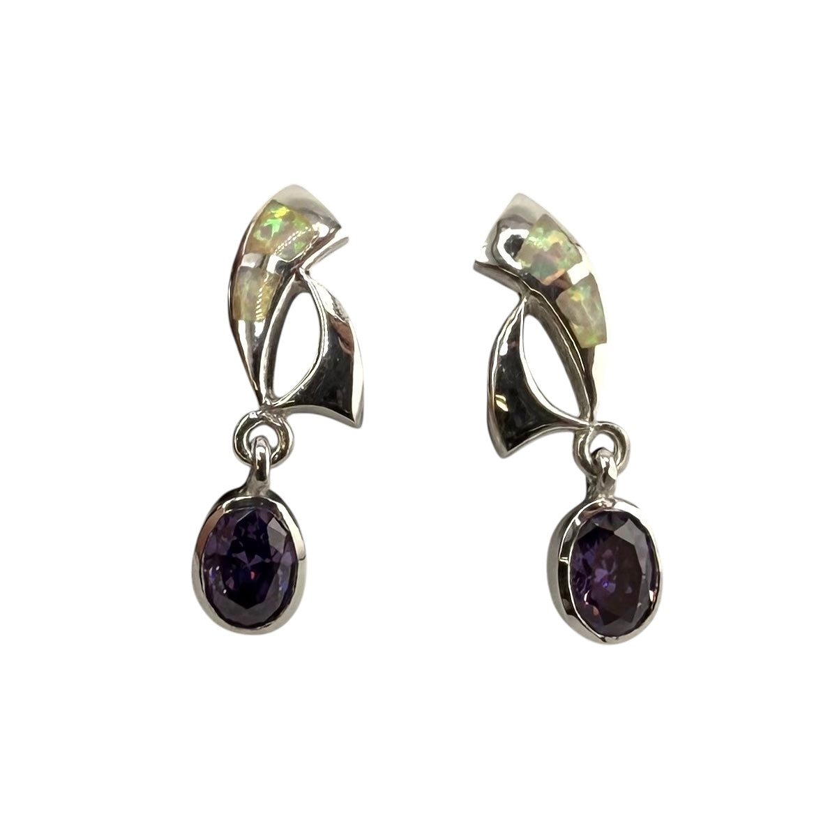 White Lab Opal Amethyst CZ Dangle Earrings Sterling Silver