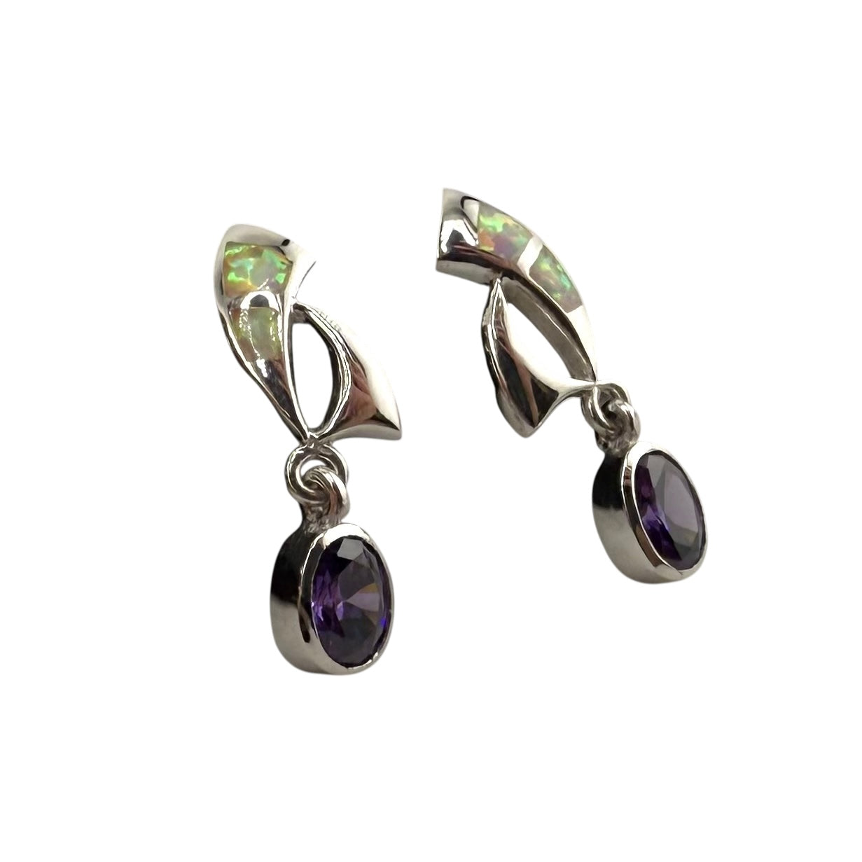 White Lab Opal Amethyst CZ Dangle Earrings Sterling Silver