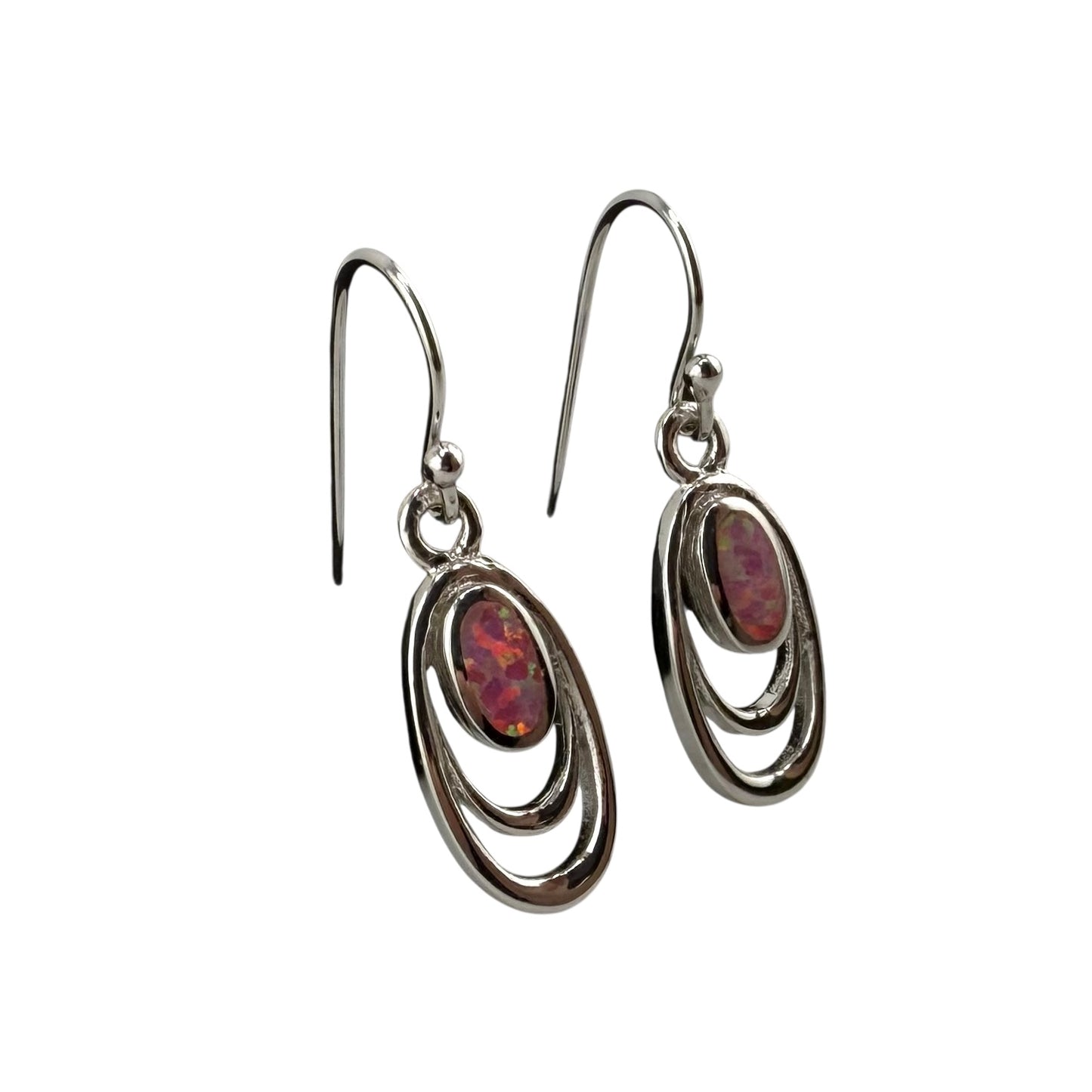 Pink Lab Opal Oval Dangle Earrings Sterling Silver