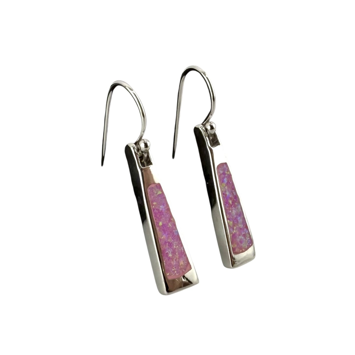 Pink Lab Opal Triangle Dangle Earrings Sterling Silver