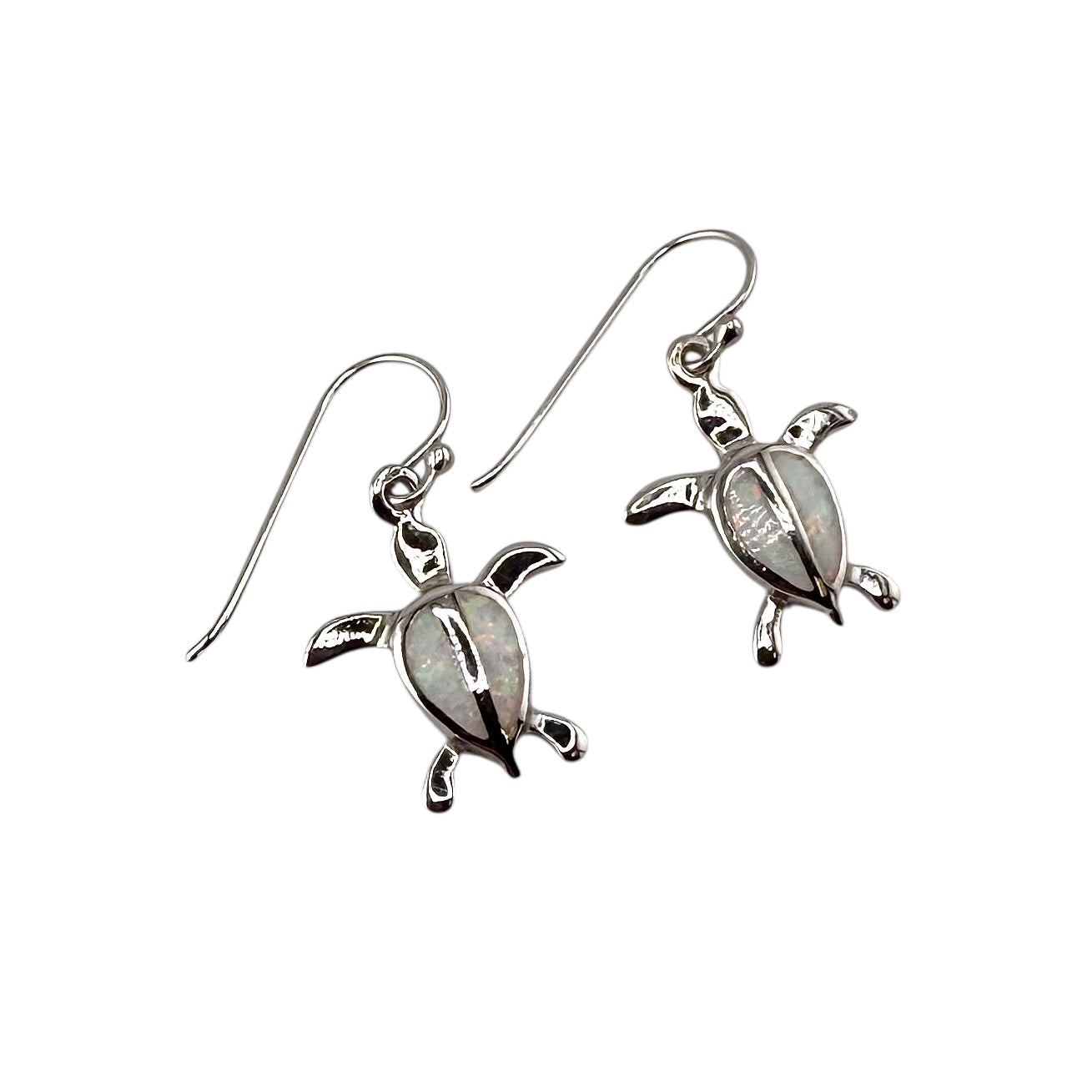 White Lab Opal Turtle Dangle Earrings Sterling Silver