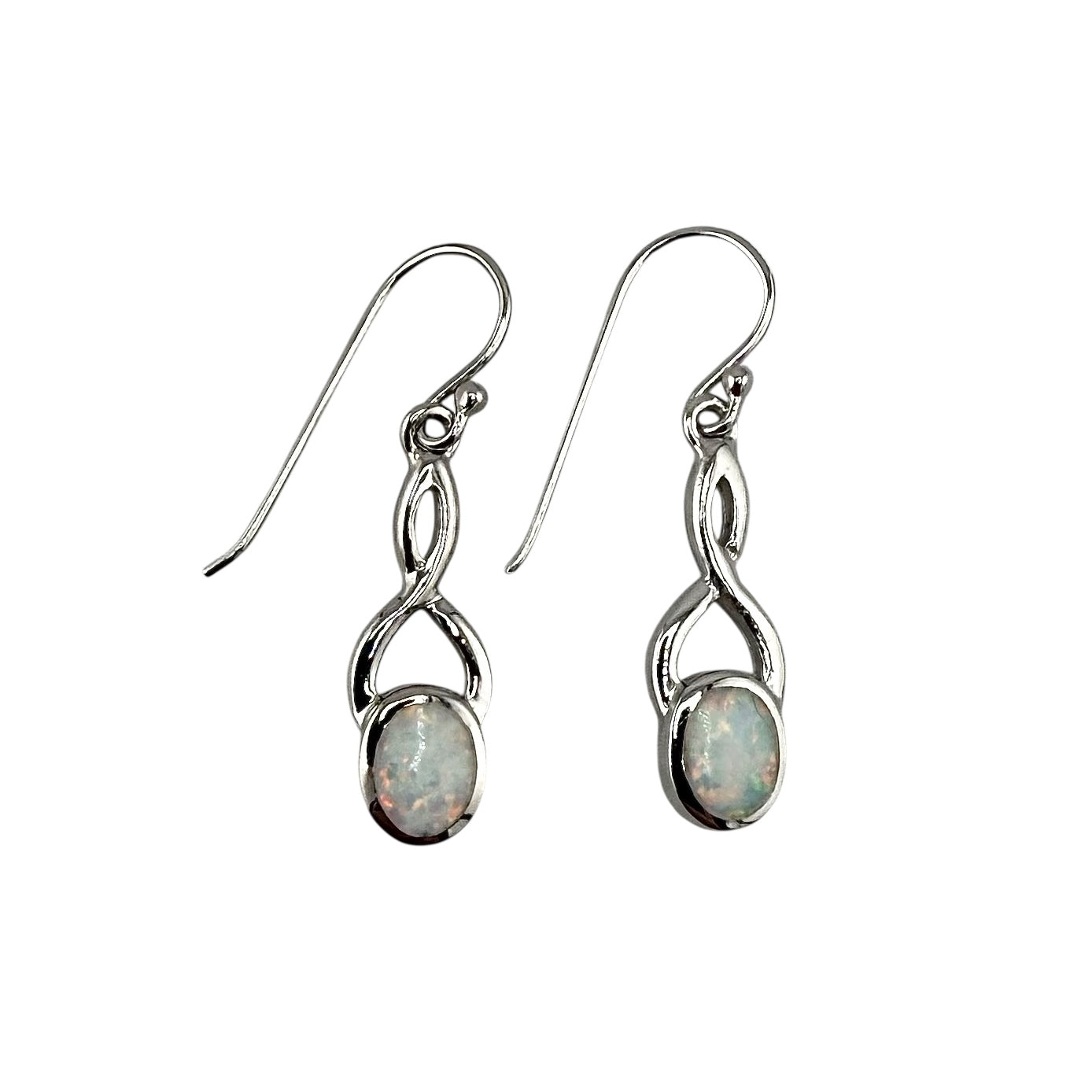 White Lab Opal Swirl Loop Dangle Earrings Sterling Silver