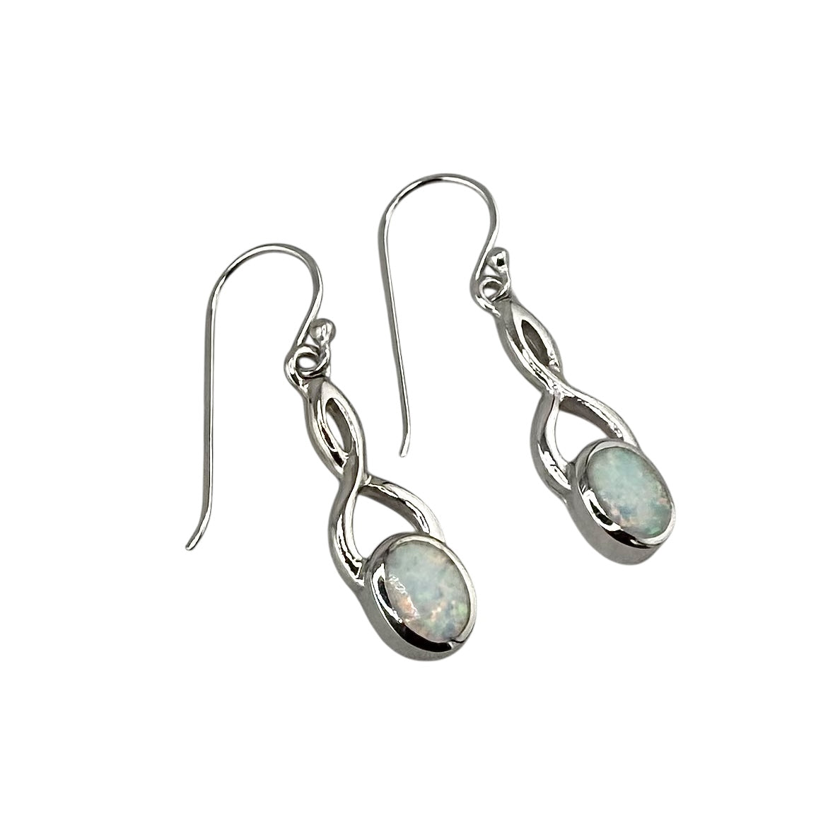 White Lab Opal Swirl Loop Dangle Earrings Sterling Silver