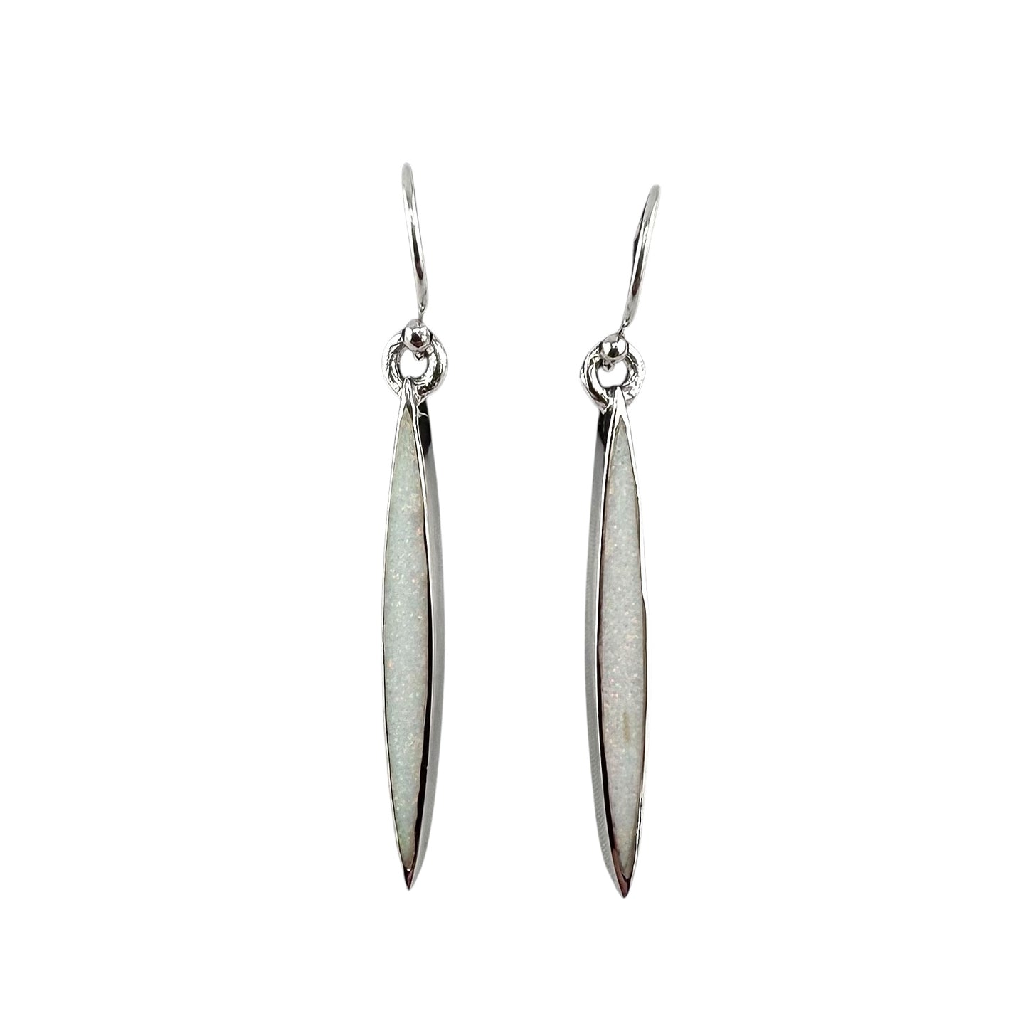 White Lab Opal Pointed Oval Dangle Earrings Sterling Silver