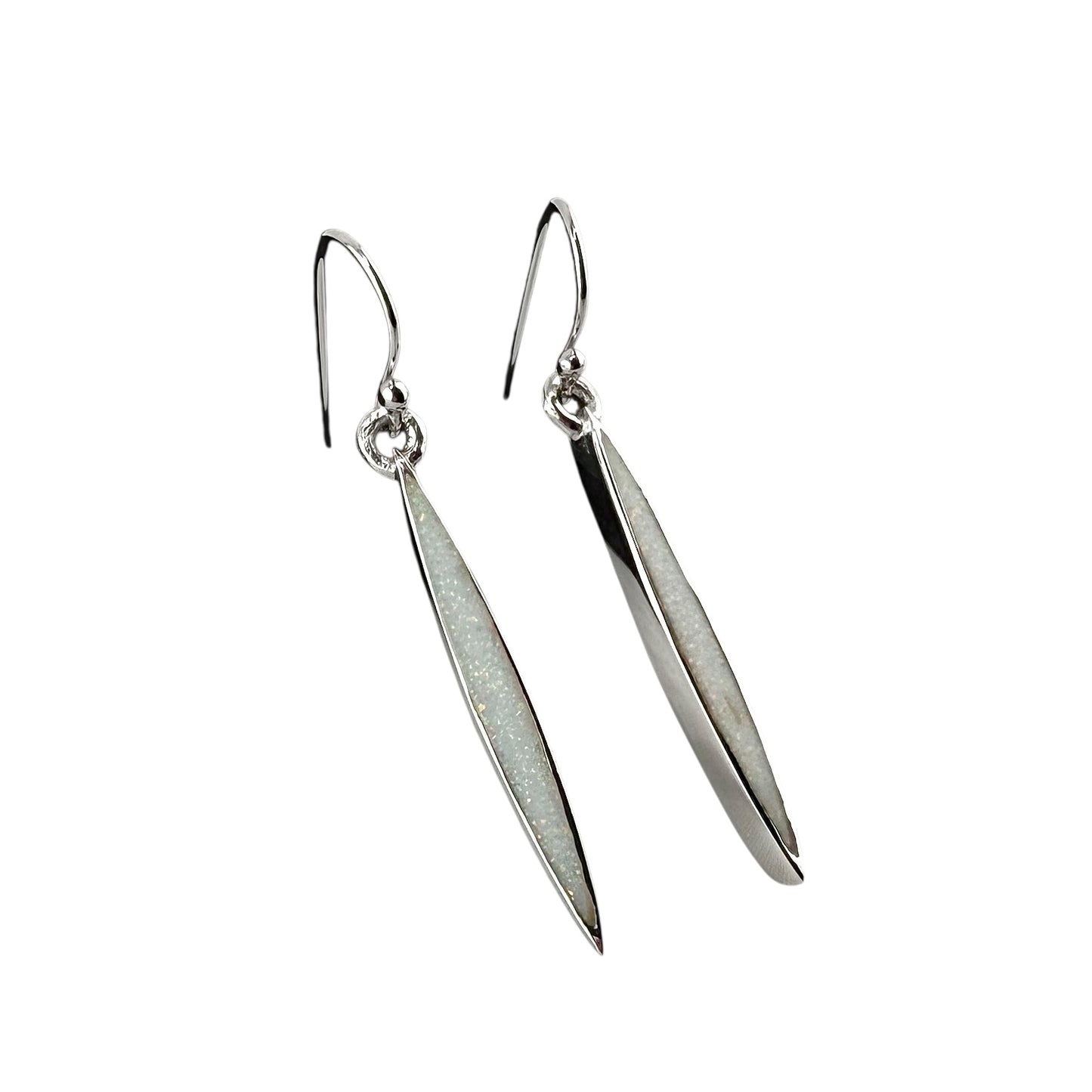 White Lab Opal Pointed Oval Dangle Earrings Sterling Silver