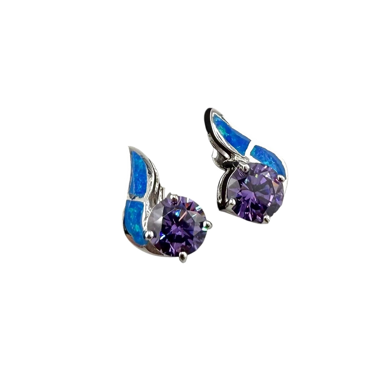 Blue Lab Opal Curve Amethyst CZ Post Earrings Sterling Silver