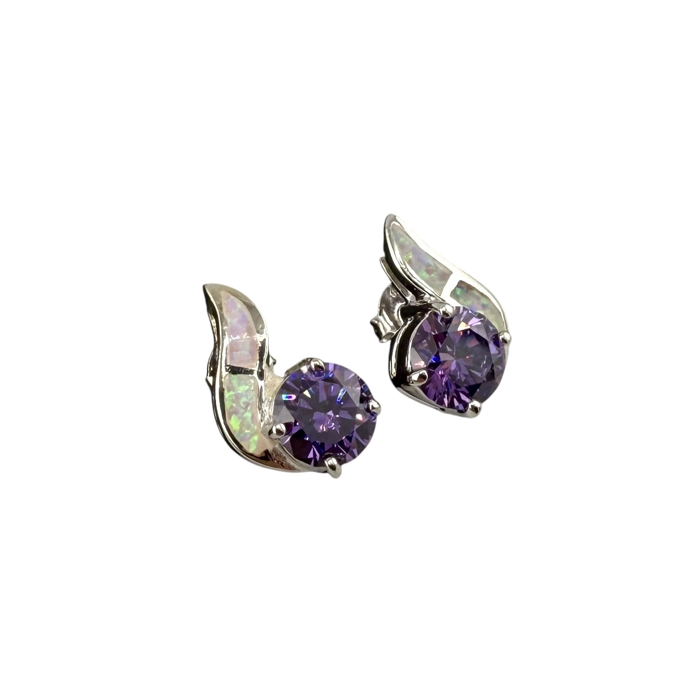 White Lab Opal Curve Amethyst CZ Post Earrings Sterling Silver