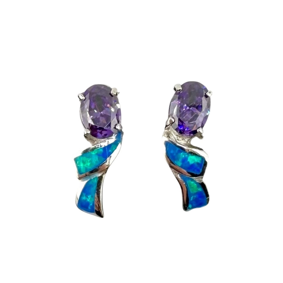 Blue Lab Opal Oval Amethyst CZ Post Earrings Sterling Silver