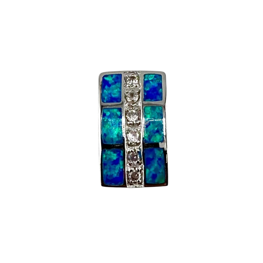 Blue Lab Opal Hidden Bail Rectangle CZ Pendant Sterling Silver