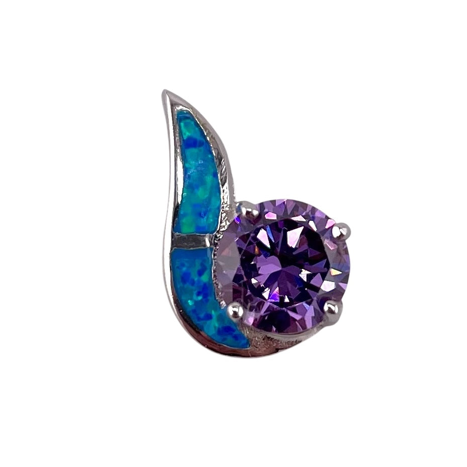 Blue Lab Opal Round Amethyst Pendant Sterling Silver