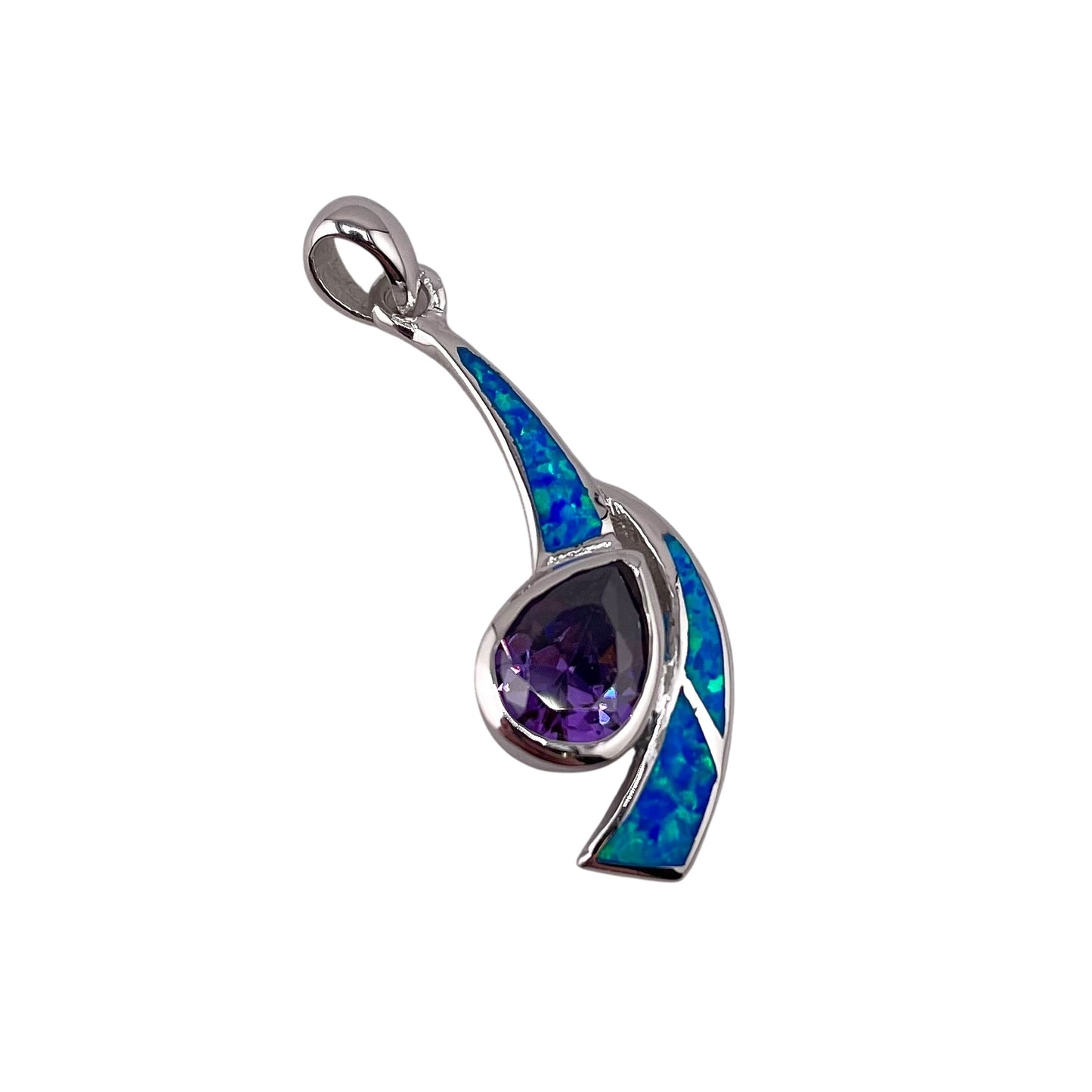 Blue Lab Opal Pear Amethyst Pendant Sterling Silver