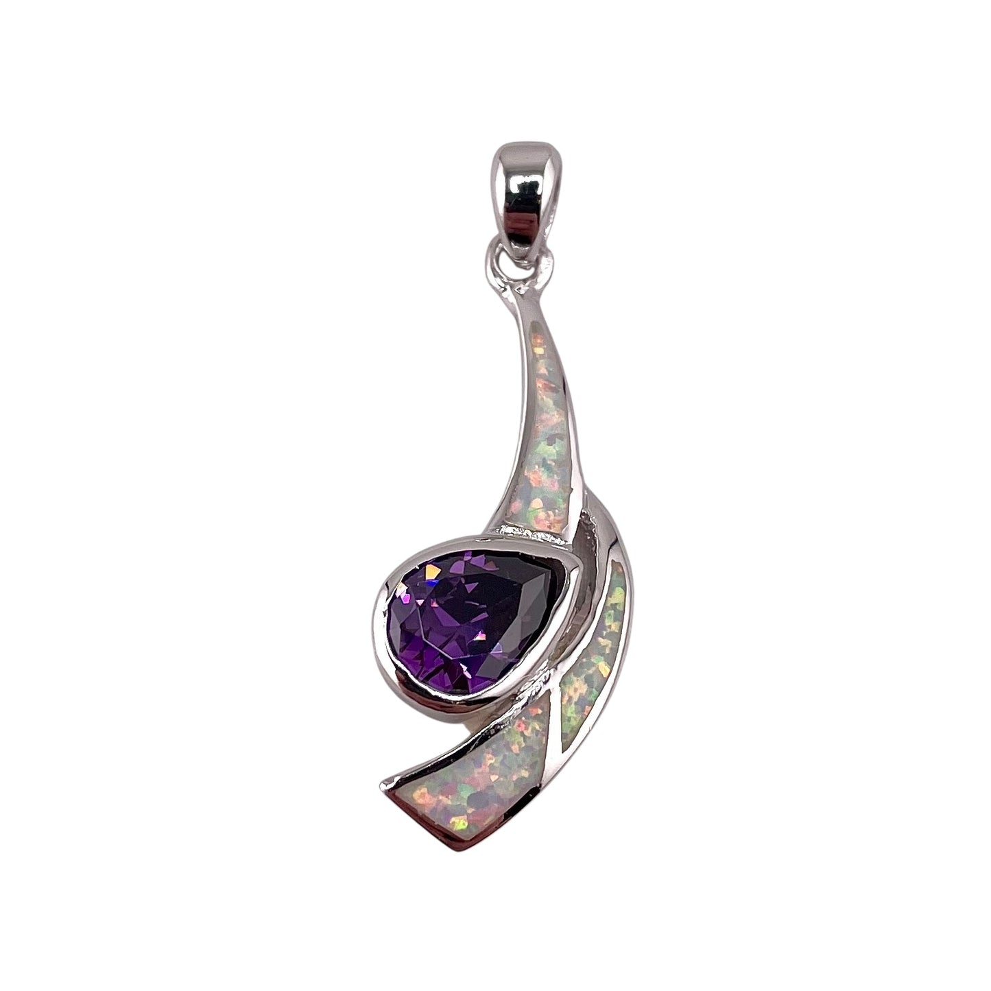 White Lab Opal Pear Amethyst Pendant Sterling Silver