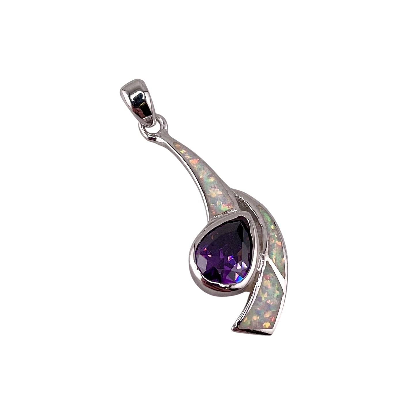White Lab Opal Pear Amethyst Pendant Sterling Silver