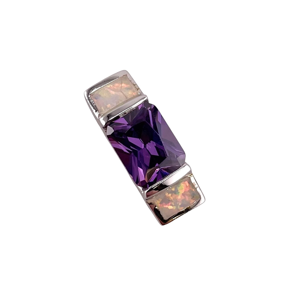 White Lab Opal Rectangle Amethyst Pendant Sterling Silver
